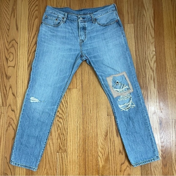 LEVI’S 501 Button Fly Denim Blue Jeans Destroyed Distressed Patch 33” W x 27” L - Picture 10 of 16